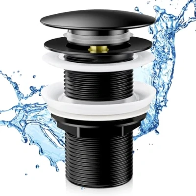Imagen de Tapon Pop Up Lavabo sin Rebosadero,Click Clack Desagüe Lavabo,Valvula Universal G1 1/4&quot; para Todo Tipo de Lavabos,Negro