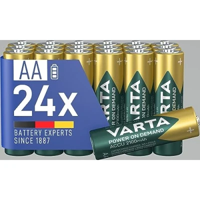 Imagen de VARTA Pilas AA, recargables, paquete de 24, Recharge Accu Power on Demand, batería recargable, 2100 mAh Ni MH, sin efecto memoria, precargadas, listas para usar