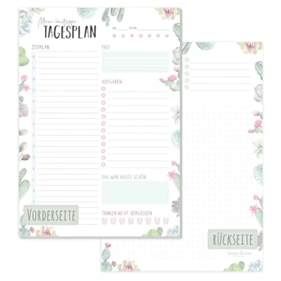 Imagen de paper&amp;you® planificador diario (A5, 50 hojas), diseño de cactus, con lista tareas, horario, prios, día a y más, sostenible respetuoso el medio ambiente