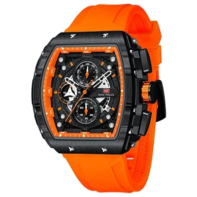 Imagen de Mini Focus reloj de pulsera deportivo para hombre (cronógrafo/impermeable/luminoso/calendario) correa silicona cuarzo hombre, Naranja_negro, Cronógrafo,