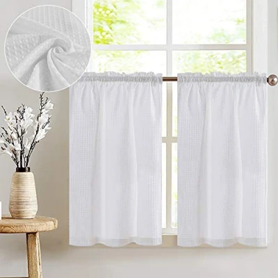 Imagen de TOPICK cortina para ventana, con patrón de gofre, semitransparente, gasa, par cortinas cocina, salón, juego 2 unidades, 90 x cm (cm) color blanco
