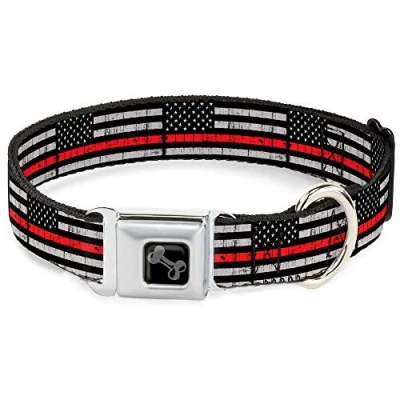 Imagen de Collar de Perro Hebilla cinturón Seguridad Delgada línea roja Bandera desgastada Negro Gris Rojo 11 a 17 Pulgadas 1.0 Ancho