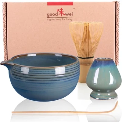 Imagen de Goodwei matcha Kit con cuchara y batidor te matcha, tazon soporte para de cerámica en el mismo diseño Cuenco Chawan artísticamente vertedor, 450ml (Menouseki)