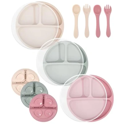 Imagen de SinLaw Plato Ventosa Bebe, Platos de Silicona para Bebé Antideslizantes,Sin BPA, Niños Pequeños con Tapa，Apta Lavavajillas, Juego 3 Bebés