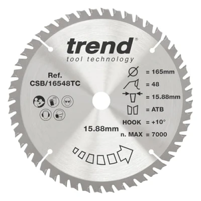 Imagen de Trend CraftPro Hoja sierra circular TCT para corte fino, 165 mm de diámetro x 48 dientes 15,88 interior, punta carburo tungsteno, CSB/16548TC
