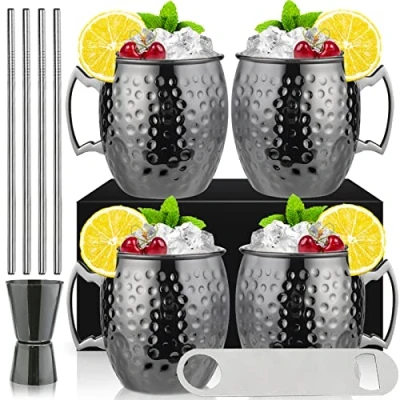 Imagen de Moscow Mule Juego de 4 tazas negras 18 onzas, acero inoxidable, chapadas en negro, con caja regalo
