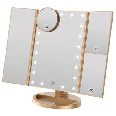 Imagen de WEILY Espejo de Maquillaje, 21 LED y Aumento 2X/ 3X, Interruptor táctil para Ajustar el Brillo, Modo Fuente alimentación Dual cosmético Mesa (Oro)