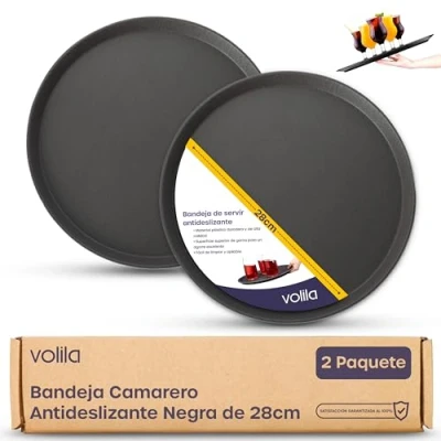 Imagen de volila Bandeja Redonda para Servir Comida Caja de 2 Piezas (28 cm) Bendeja Camarero Antideslizante con Superficie Goma Ideal Bares, Restaurantes, y Fiestas