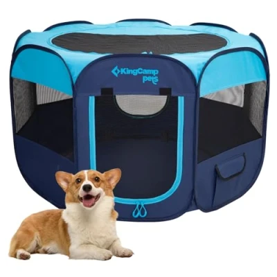 Imagen de KingCamp Portátil Parque de Juegos y Ejercicios para Perros, Mascotas,Jaula Perro, Gato, Cachorro, Conejo,Corralito Plegable con Estuche,Ideal Viajes en Interiores (Azul S 74 x 43 cm)