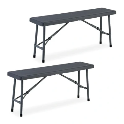 Imagen de Relaxdays Juego 2 Bancos de Jardín, Plegables, Plástico, Acero, Asiento Camping, Balcón, 42x100x25 cm, Gris