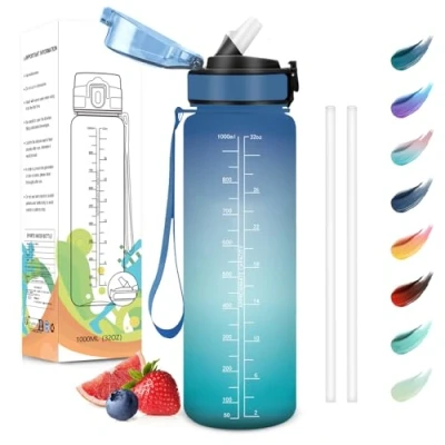 Imagen de Motswedi Botella Agua 1 Litro, Sin BPA, con Pajita, Reutilizable, Gimnasio, a Prueba de Fugas, Agua, Cantimplora para Gym, Yoga, Oficina, Escuela, Azul Verde