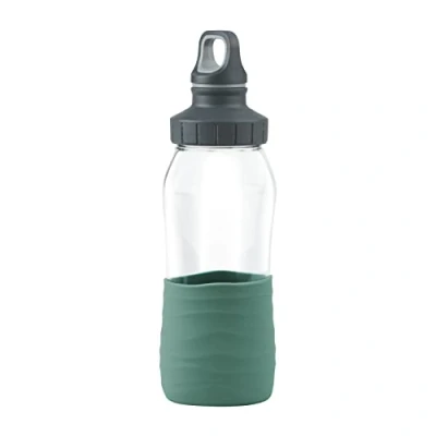 Imagen de Emsa Botella de cristal Drink2Go N31011 Capacidad: 0,5 litros Tapón rosca 100% denso/higiénico/puro, manguito silicona verde petróleo