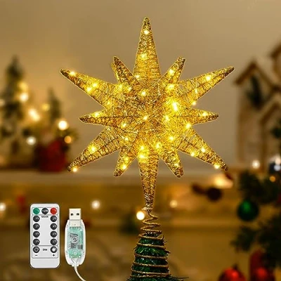 Imagen de Lewondr Estrella para Copa del Árbol, 28CM Adorno Árbol de Navidad con 8 Modos Luces por USB Mando a Distancia &amp; Temporizador, Gran Topper Decoración Navideña Hogar, Oro