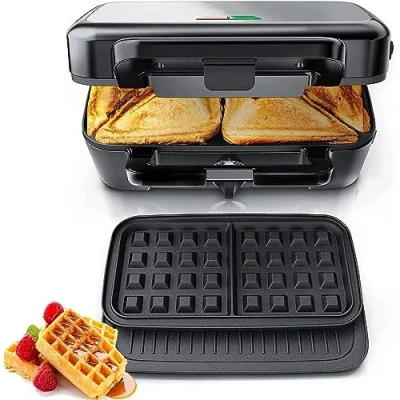 Imagen de Gofrera 3 en 1, Plancha para Sandwichera con Regulador de Temperatura, Plato Extraíble Tostadas, luz Indicadora, Gofres y Carne, Acero inoxidable &amp; Revestimiento Antiadherente, Negro