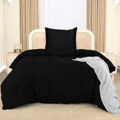 Imagen de Utopia Bedding Funda Nordica Cama 90 Microfibra Juego de Edredon 135x200 cm y 1 Bordado Almohada 80x80 (Negro)