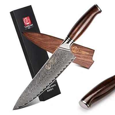 Imagen de YARENH 20.5 cm Cuchillo Cocinero de Acero Damasco, Profesional Chef, Cocina Afilado con Alto Carbono, Mango Sándalo, Funda Magnética