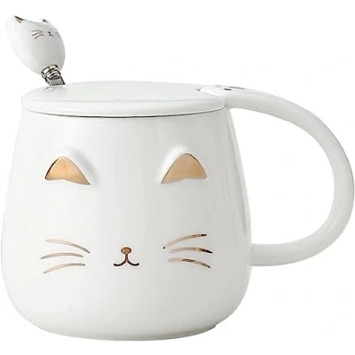 Imagen de lachineuse TAZA GATO KAWAII Tinte blanco Con tapa y cuchara