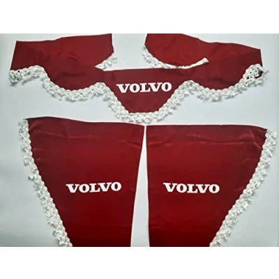 Imagen de Set de 3 cortinas decorativas peluche con pompones blancos para camiones Volvo (rojo)