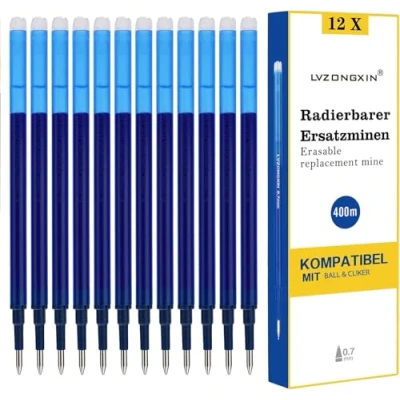 Imagen de LVZONGXIN [Paquete de 12] Recambio repuesto borrable, compatible con Pilot Frixion [Azul], bolígrafo roller punta 0,7 mm, recambios tinta borrable