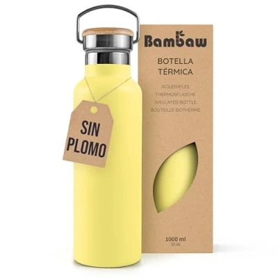 Imagen de Bambaw Botella térmica 1 litro, agua amarillo, acero inoxidable metalica, gimnasio, Cantimplora Amarillo girasol