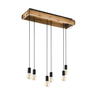 Imagen de Eglo lámpara colgante Wootton, iluminación 6 luces vintage, luz de madera en marrón y metal negro, mesa comedor, casquillo E27, L 81 cm