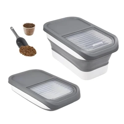 Imagen de Druuzyl Contenedor de Comida para Mascotas 10KG Cubo Plegable Pienso Perro/Gato con Pala y Taza Medidora, Almacenamiento Hermético, Caja Organizadora Alimentos Secos Húmedos