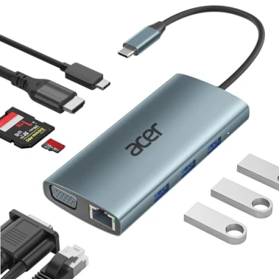 Imagen de acer Docking Station USB C 9 en 1, Hub Ethernet, Ataptador a HDMI 4K, Carga PD 100W, Lector de Tarjetas SD, Ethernet VGA para MacBook Pro/Air, Surface Pro, Portátiles y Más