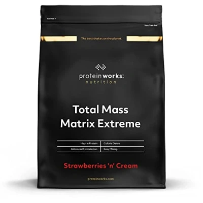 Imagen de THE Protein WORKS Total Mass Matrix Extreme Powder, Masa Muscular, Alto en Calorías para Ganar Masa, con Glutamina, Creatina y Vitaminas, Fresas Nata, 1.325Kg