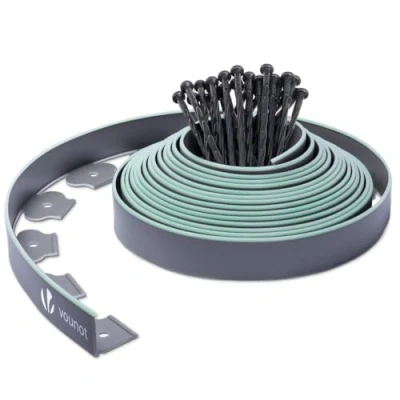Imagen de VOUNOT Borde Jardín Césped Flexible de Plástico PE, Delimitadores Bordes para Jardín, Bordura Exterior Tierra Cenefa Parterres con 30 Clavijas, Longitud 10m Altura 5cm, Gris