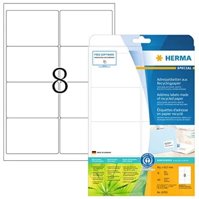 Imagen de HERMA 10705 Etiquetas recicladas, 20 hojas, 99,1 x 67,7 mm, 8 hojas por A4, 160 unidades, autoadhesivas, imprimibles, mate, en blanco, papel reciclado, blanco natural