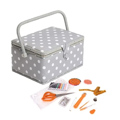 Imagen de Hobby Gift Exclusiva caja de almacenamiento para manualidades precargada con kit costura 94 piezas incluido, 18,5 x 25,5 14,5 cm, lunares grises