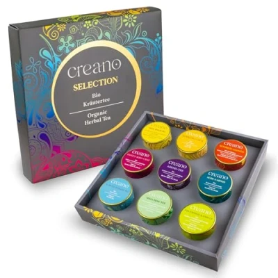Imagen de Creano Set de regalo té hierbas orgánico 9 tipos diferentes en latas metal 122 g vegano y sin gluten novedad 2024