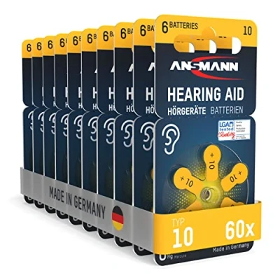 Imagen de ANSMANN Pilas para audífonos Tipo 10 Amarillo P10 PR70 ZL4, 60 Unidades, Fabricadas en Alemania, Paquete de Almacenamiento, y audífonos, fácil agarrar