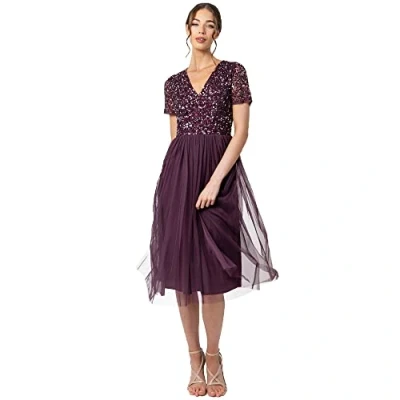 Imagen de Maya Deluxe Vestido de Noche Midi Adornado para Mujer, Cuello En V con Manga Corta Graduación, Boda Dama Honor, Frutas del Bosque, 40