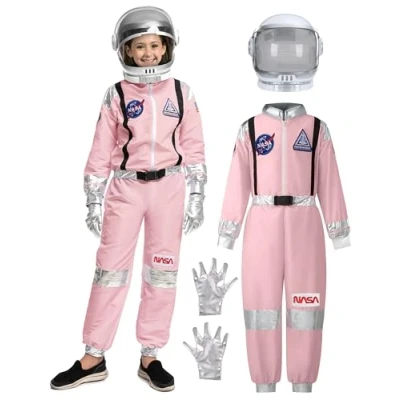 Imagen de Spooktacular Creations presenta un disfraz de astronauta rosa para niñas, que incluye traje espacial rayas plateadas con casco y guantes, ideal Halloween.(3T (3 4 años))