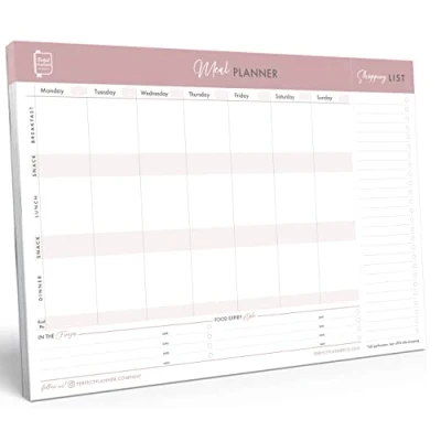 Imagen de Perfect Planner Company Planificador de comidas semanal magnético Diseño desprendible A4 Lista compras Seguimiento la fecha caducidad los alimentos Oscuro, horizontal, 50 páginas
