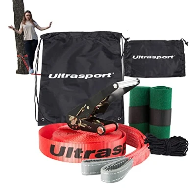 Imagen de Ultrasport 25m slackline Avanzar con carraca incl. bolsa de transporte, para principiantes, niños y familias, disponible protector árboles, juego slackline, aptitud