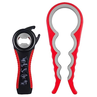 Imagen de Fousenuk Abrelatas Profesional Manual, 2 piezas Abridor de Tarros, Latas, Botellas 5 en 1 y 4 Multifunción para Ancianos Manos Débiles Sufridores Artritis