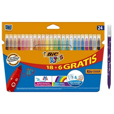 Imagen de BIC Kids Rotuladores Lavables para Niños, Óptimo material escolar y de oficina,Kid Couleur, Punta Media, Colores Llamativos, Caja 24