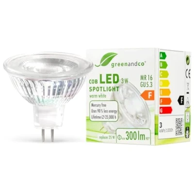 Imagen de greenandco Spot LED MR16 GU5.3, 3W 300lm 2700K (blanco cálido) COB 38 12V AC/DC, no regulable