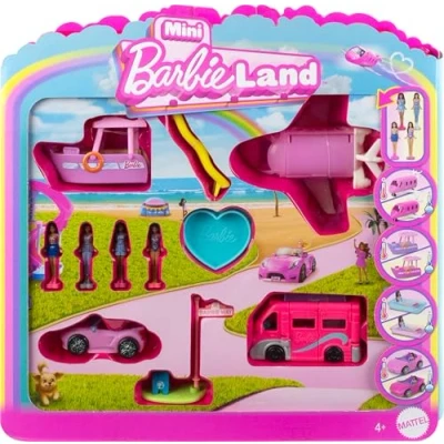 Imagen de Barbie mini Barbieland Pack 4 muñecas y vehículos, Set de juego con figuras, Dreamcamper, barco, avión, coche descapotable accesorios, juguete regalo para niños niñas +4 años, JDB85