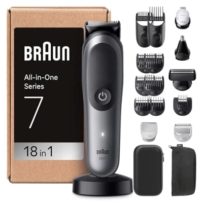 Imagen de Braun Todo En Uno Series 7 AIO7585, Kit De Styling 18en1, ProBlade &amp; AutoSense, 120 Min, SkinGuard Degradado Barba, AquaGrip Para Uso Bajo El Agua, Gris