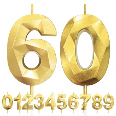 Imagen de Velas de 60 Cumpleaños Dorado, 3D Número 60, Vela para Pasteles, Feliz Cumpleaños,Velas Decoraciones Cumpleaños, Fiestas, Bodas, Aniversarios