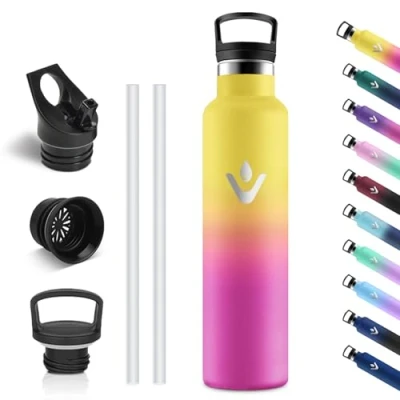 Imagen de Vikastar Botella Termica, 1000ml sin BPA, Agua Acero Inoxidable, a Prueba de Fugas, Cantimplora, Reutilizable, para Deporte, Oficina, Ciclismo, Gimnasio, Amarillo &amp; Rosa