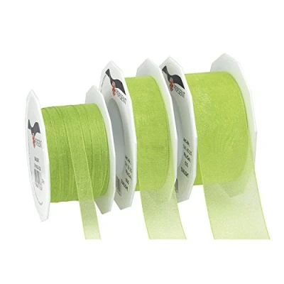 Imagen de C.E. Pattberg Präsent Cinta de organza con borde alambre para las cuatro estaciones, color verde hierba, 10 mm ancho, 25 m largo