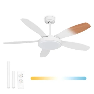 Imagen de Noaton Ventilador de techo con iluminación Maia, blanco/arce, diámetro 132 cm, motor DC 41W, LED 24W, mando a distancia, caudal aire hasta 198 m3/min, varilla extensión 15/25 cm