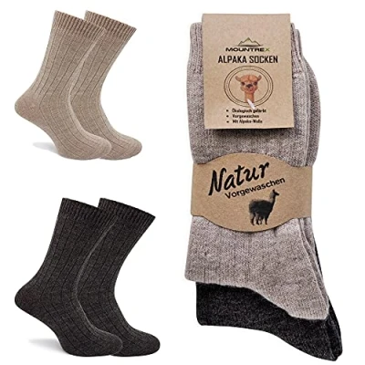 Imagen de MOUNTREX® calcetines de alpaca, lana para hombre y mujer, invierno, cálidos, térmicos, finos, peluche, 2 pares, beige/marrón, 39 42