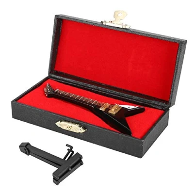 Imagen de guitarra eléctrica en miniatura de madera Mini instrumento musical negro Modelo casa muñecas con soporte y estuche para accesorios decoración
