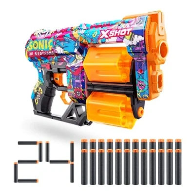 Imagen de Xshot Skins Dread Blaster Sonic Robotnik, The Hedgehog Design with 24 Darts, Double Rotating Barrels, Air Pocket Dart Technology, Toy Foam for Kids, Teens and Adults (24 Darts)