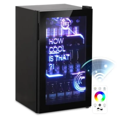 Imagen de HCK Nevera Pequeña 98L, Mini con Iluminación Moderna Cyberpunk, Frigorifico Puerta Cristal de 0 a 10C, Para Sala Juegos, Fiesta, Negro